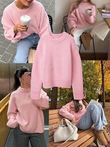 1pc Solid Color Knitted Ribbed Crew Neck Sweater, Suitable For Home, Daily Wear, Office, Autumn