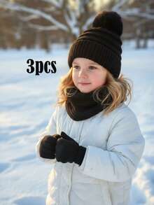 3 delar/set för barn, unisex, stickad mössa + handskar + halsduk, 3 delar, varmt vinterset, koreansk stil - 3-delad pom-pom-version - Visa 8