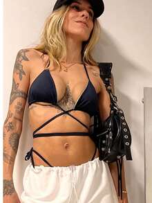 Adjustable Triangle Bikini With UV Protection, Stylish Tie-Up Style, Beach, And Vacation Details. - Black - View 2