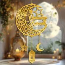 1pc Acrylic Windchime Hanging Decor, Star & Moon Mirror Ornament With 1m Gold String & Hook, Holiday Decoration - Multicolor - View 7