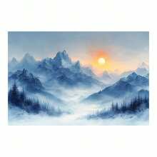 [2D Flat Canvas Wall Art] Modern Wall Art For Living Room 1Pc Framed Ready To Hang 2D Flat Blue Mountain Sunset Canvas Wall Art, Artistic Nature Decorative Painting, Posters For Living Room Bedroom, Dramatic Home Decor, Great For Art Lovers & Moody Spaces  Canvas Wrapped Inner Frame - 藍色 - 查看 5