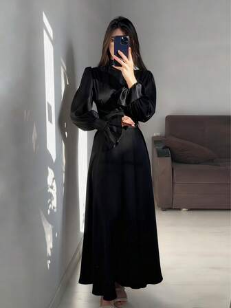 女士优雅喇叭袖系带阿拉伯风长款晚礼服