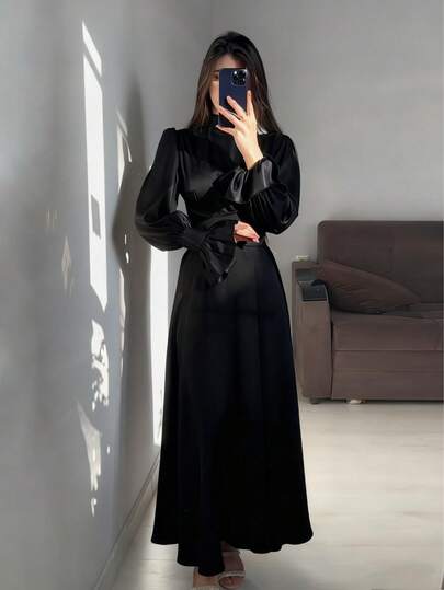 Vestido largo árabe de noche elegante con mangas acampanadas y cinturón para mujer
