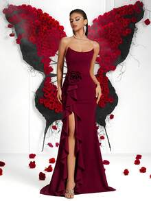 Women's Elegant Solid Color Tube Top High Waist Lotus Leaf Three-Dimensional Flower High Slit Backless Lace-Up Floor-Length Prom Party Dress For Prom Gown Wedding Guest Dancy Party Homecoming Date Night Formal Dinner Birthday Party Festival Party Family Party