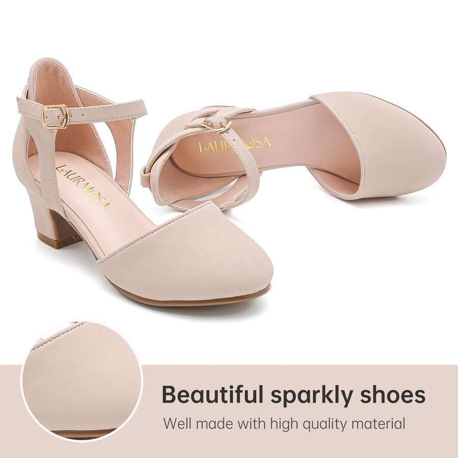 1 Pair Girls Dress Shoes Closed Toe Chunky High Heels Ankle Strap Wedding Party Pump Shoes - Da Nubuck Nude - Xem 1