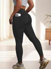 大码女式高腰塑形打底裤，休闲舒适，带口袋，女式长裤，口袋打底裤，高腰健身七分裤，纯色修身裤，黑色打底裤，曲线裤，适合所有季节的女式慢跑裤 - 黑色 - 查看 5