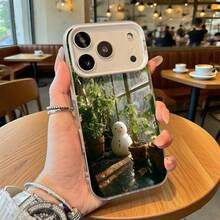 Cubierta de telefono transparente con borde blanco diseño de muñeco de nieve y plantas para iPhone uso diario en cafeterias - Negro - Ver 1