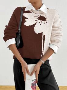 Áo len dệt kim cổ tròn Jacquard màu tương phản cỡ lớn - Màu nâu - Xem 4