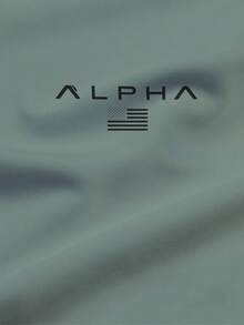 100% 聚酯纤维个性化设计绿色短袖T恤，印有“ALPHA”字样和简约Logo，休闲男士透气T恤，夏季速干轻薄面料 - 黑色 - 查看 4