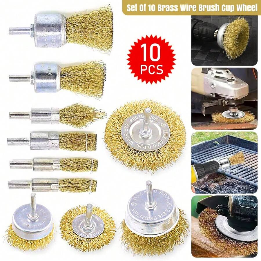 Brass Wire Brush Cup Wheel 10PCS Set For Drill Steel Metal Cleaning Rust Sanding - Champagne - View 1