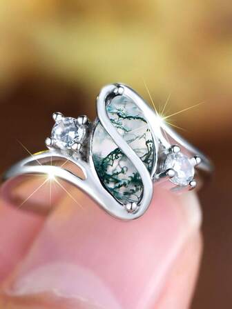 1pc S925 Silver Elegant Seaweed Agate S-Shaped Design Ring, Fashionable & Graceful Luxury Ring For Women, Jewelry Gift Suitable For Banquet And Wedding