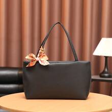 Women's Casual Litchi Grain Handbag, Large Capacity Black Shoulder Bag, Comes With Exquisite Scarf Tote - Black - View 9