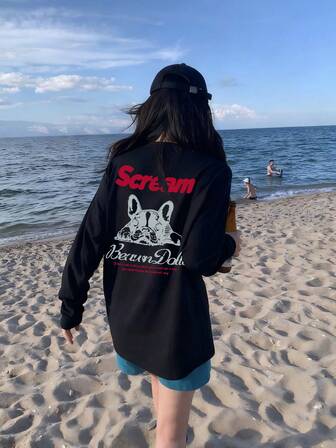 秋季新款女式小码休闲宽松圆领狗狗印花撞色双面图案日常百搭少女长袖T恤