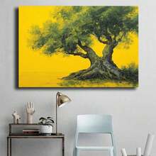 [2D Flat] 1Pc Framed Ready To Hang, Retro Graffiti Tree Tree Of Life Scenery Canvas Wall Art, Modern Abstract Yellow & Green Tree Posters Painting Pictures Wrapped Framed Print, Home Decor Living Room Dining Room Wall Decor For Bold Homeowners, Impressionistic Style - 金色 - 查看 4