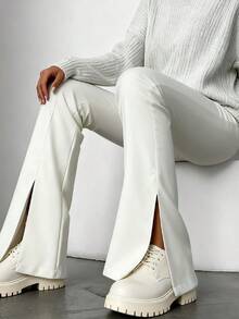 Pantalones con abertura lateral Novedades otoño/invierno Pantalones de cuero con aberturas y parches blancos de cuero sintético Pantalones de cuero acampanados y ajustados muy sexys Pantalones de cuero acampanados con aberturas y cintura alta para mujer - Blanco - Ver 7
