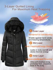Women's Winter Quilted Jacket Mid-Length Hooded Quilted Jacket With Multiple Pockets And Fleece-Lined Windproof Coat Features Magnetic Snap Pockets, Two-Way Zipper, And Detachable Hood Casual Outdoor Winter Top For Warmth, Suitable For Daily Wear, Outdoor,Travel,Gift - 黑色 - 查看 4