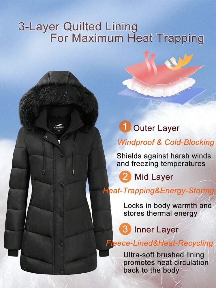 Women's Winter Quilted Jacket Mid-Length Hooded Quilted Jacket With Multiple Pockets And Fleece-Lined Windproof Coat Features Magnetic Snap Pockets, Two-Way Zipper, And Detachable Hood Casual Outdoor Winter Top For Warmth, Suitable For Daily Wear, Outdoor,Travel,Gift - 黑色 - 查看 4