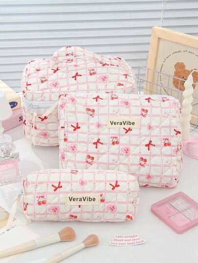 1 Piece Pink Grid Pattern Makeup Bag Foam Quilted Cosmetics Storage Bag Cute Bow&Cherry Print Make Up Bags Fashionable Heart Pattern Toiletry Bag Large Capacity Cosmetics Organizer Bag Multi-Functional Travel Toiletry Bag Set Portable Travel Makeup Handbag