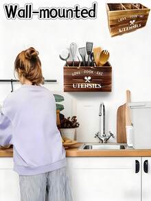 1 Brown Utensil Holder, Kitchen Utensil Rack, Storage Rack With 3 Compartments, Rustic Farmhouse-Style Wooden Cutlery Organizer For Kitchen Countertops, Ideal For Sorting And Storing Knives, Forks, Spoons, Spatulas, And Other Kitchen Tools. Kitchen Utensil Organizer, Wooden Compartmentalized Storage Box, Wall-Mounted Kitchen Organizer, Multi-Section Sorting, Miscellaneous Storage Box, Desktop Organizer, Solid Wood Construction, Kitchen Essentials, Kitchen Must-Haves, Kitchen Storage Solutions, Kitchen Organization. - 彩色 - 查看 4