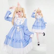 2025Girl's Sweet Bear Bow Lolita Dress Cute Lace Ruffle Long Sleeve Chiffon Princess Dress Anime Party Fairytale Style Dresses - 藍色 - 查看 6
