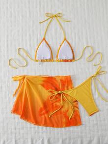 Bộ bikini nữ 3 món in họa tiết hoa ombre, dây bikini có thể điều chỉnh, quần bikini buộc dây bên hông, thiết kế váy sarong che phủ cao, thích hợp mặc đi biển và dự tiệc trong kỳ nghỉ hè. - Đỏ và vàng - Xem 5