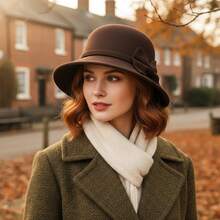 Womens Cloche Hats Stylish Solid Color Decorative Bow Bucket Hat Round Top Short Brim Church Cap - 咖啡色 - 查看 3