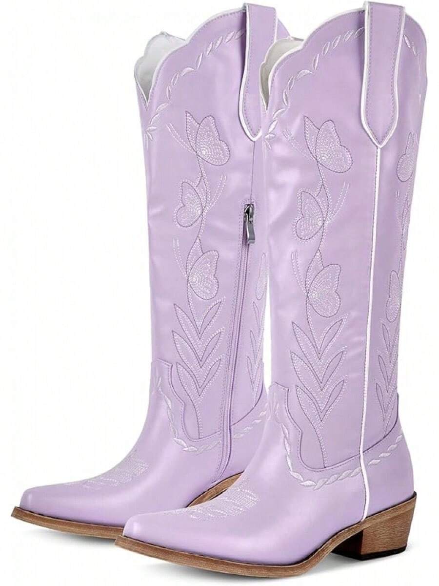 Sexytag Butterfly Cowboy Boots For Women Embroidered Floral Cute Cowgirl Western Knee High BootsChristmas - 紫色 - 查看 1