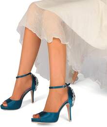 Lady Satin Dress Platform High Heels Wedding Sandals Crystal Back With Free EarringsChristmas - 藍綠色 - 查看 3