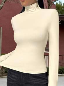 Camiseta de manga larga de cuello alto de unicolor y ajuste ceñido para mujer, adecuada para primavera/otoño/invierno de uso casual - Albaricoque - Ver 3