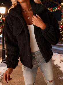 Multi-Color Fluffy Fleece Jacket - Collared, Button-Front, Cozy Warmth, Perfect For Winter Holidays & Daily Wear, Must-Have Fashion Staple - 黑色 - 查看 2