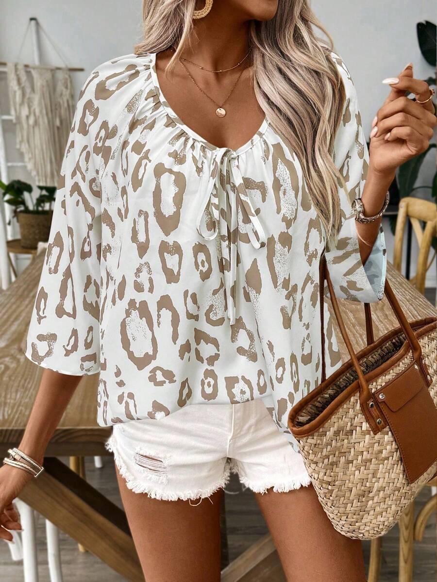 Cárdigan holgado con estampado de leopardo de moda para mujer KeKe Bloomly, versátil para ir al trabajo, citas, fiestas, playa, vacaciones, color caqui - Caqui - Ver 1