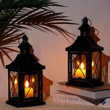Set Of 2 Decorative Candle Lantern 27 Cm High Metal Candle Holder Hanging Lantern Perfect For Home Decor Halloween Living Room Parties Events Tabletop Indoors Outdoors Black With Gold Brush - Black - View 5