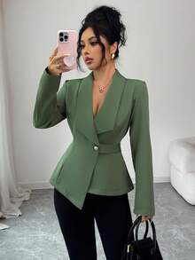 Solid Color Pocket Button Asymmetrical Office Women Coats - Army Green - View 2