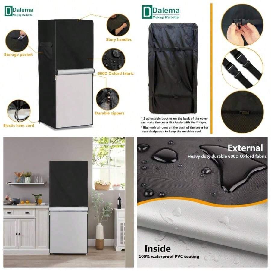 - Cubierta de refrigerador para exteriores, 600D resistente, impermeable, cubierta de congelador vertical, exterior para nevera. Parte delantera se puede enrollar con cremalleras. Negro, - 23" L x 23" W x 56" H - Ver 1