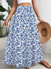 女士高腰长款碎花裙，适合度假、海滩、假日穿着 - 藍色 - 查看 3
