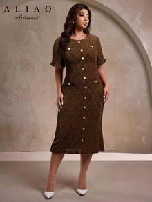 A&A 大码优雅针织镂空收腰美人鱼连衣裙，秋季连衣裙，返校季连衣裙，适合身材丰满的女性，适合老派富贵人士，也可作为婚礼宾客礼服。 - 棕色 - 查看 4