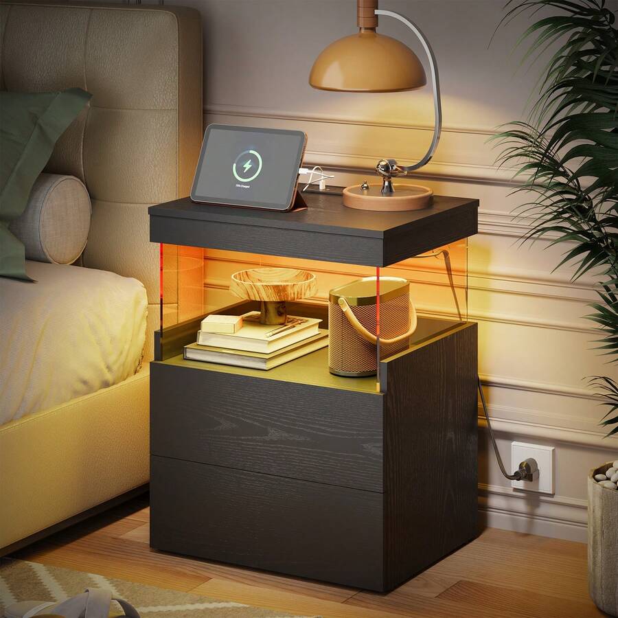Tomnk 2pcs White LED Nightstand With Charging Station, Night Stand With LED Lights, Modern Acrylic Floating Sofa Bed Side Table With Storage Drawers And Power Outlet For Bedroom - 查看 1