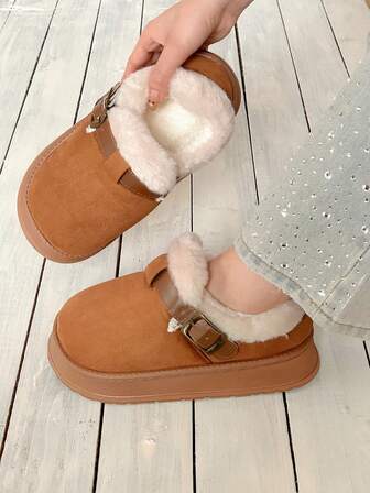 XIXITIAO 1 双扣厚保暖内衬保暖拖鞋，防滑户外雪地靴，纯色时尚百搭软底拖鞋，复古羊毛拖鞋