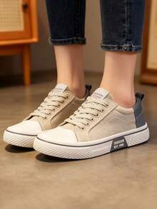 Tenis de hombre de lona, tenis para hombre con diseño retro colores combinados, zapatos para hombre cómodos tenis hombre ideales para uso casual y calle, incluye tenis de mujer en estilos coordinados - Beis - Ver 3