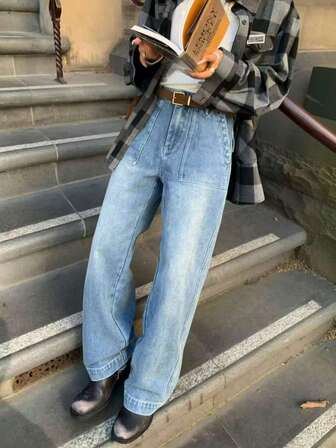 Elastic Denim Casual Elegant Loose Straight Leg Jeans With Pockets, Buttons And Zipper, Suitable For Daily, School, Date, All Seasons