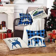Fundas de Almohada de Navidad Juego de 4 Piezas, 18 x 18 Pulgadas Azul Impreso Árbol de Navidad Alce Sofá Funda de cojín, Decoraciones de Navidad Fundas de Almohada de Lino(default) - Multicolor - Ver 6