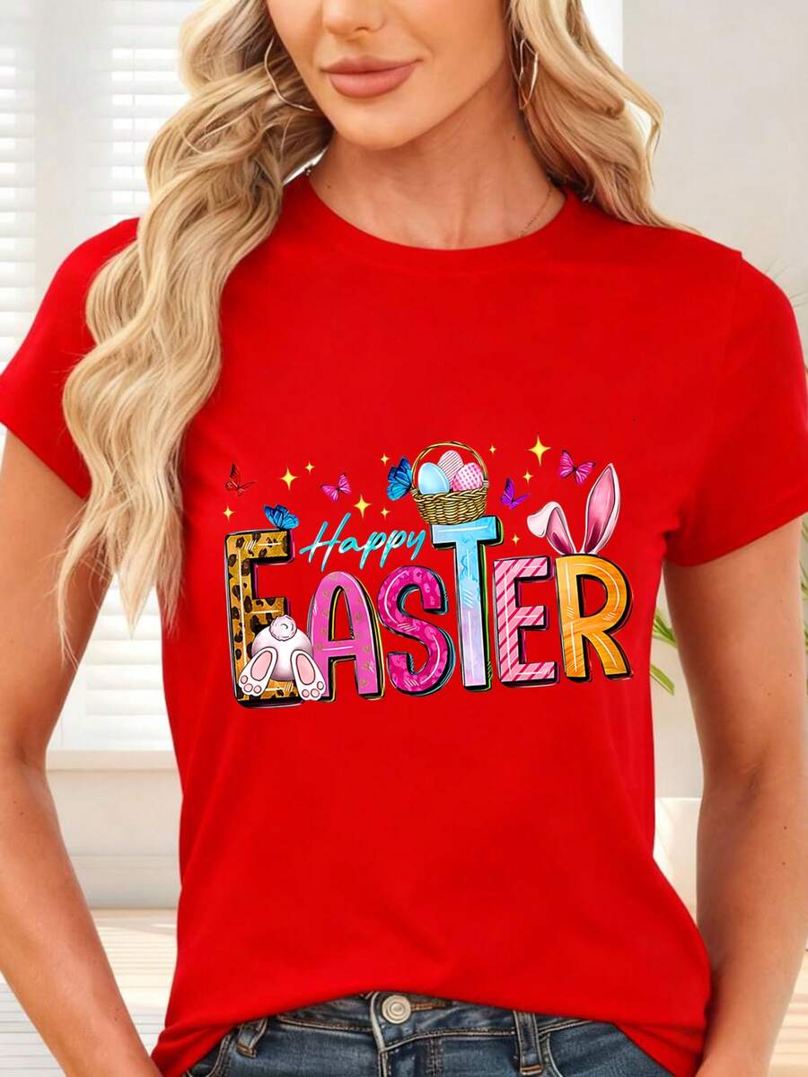 Happy Easter And Colorful Bunny Print T-Shirt For Spring Parties - 紅色 - 查看 1