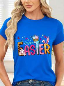 Happy Easter And Colorful Bunny Print T-Shirt For Spring Parties - 藍色 - 查看 1