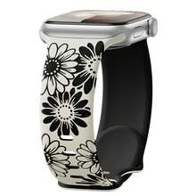 1pc Sunflower Floral Engraved Bands Compatible With Apple Watch Band Series 11 Strap 41/40/38/42mmS11/42mmS10/44/45/46/49mm Men/Women,Two-Tone Cute Soft Silicone Sport Bracelet Compatible With IWatch Series 11/10/9/8/7/6 5/4/3/SE 3/Ultra 3 Correas Smartwatch Accessories - Starlight Black - View 1