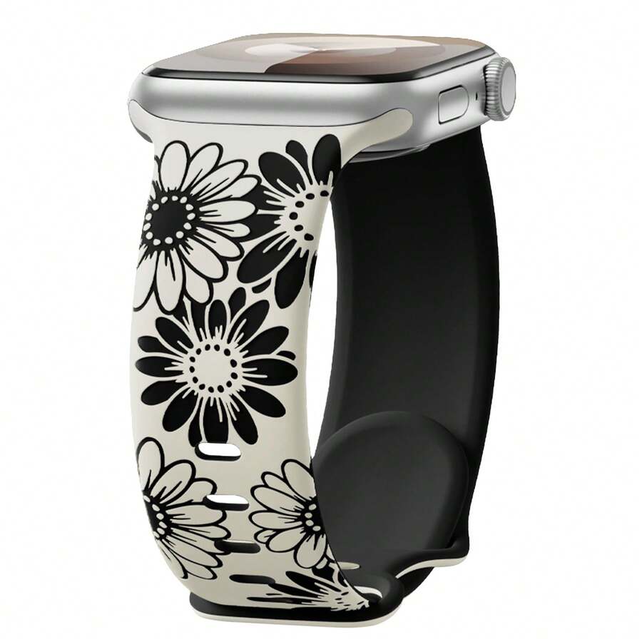 1pc Sunflower Floral Engraved Bands Compatible With Apple Watch Band Series 11 Strap 41/40/38/42mmS11/42mmS10/44/45/46/49mm Men/Women,Two-Tone Cute Soft Silicone Sport Bracelet Compatible With IWatch Series 11/10/9/8/7/6 5/4/3/SE 3/Ultra 3 Correas Smartwatch Accessories - Starlight Black - View 1