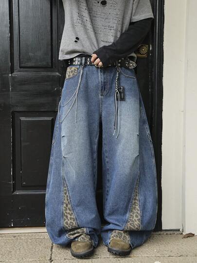 男士蓝色豹纹拼接阔腿牛仔裤，美式狂野街头风格