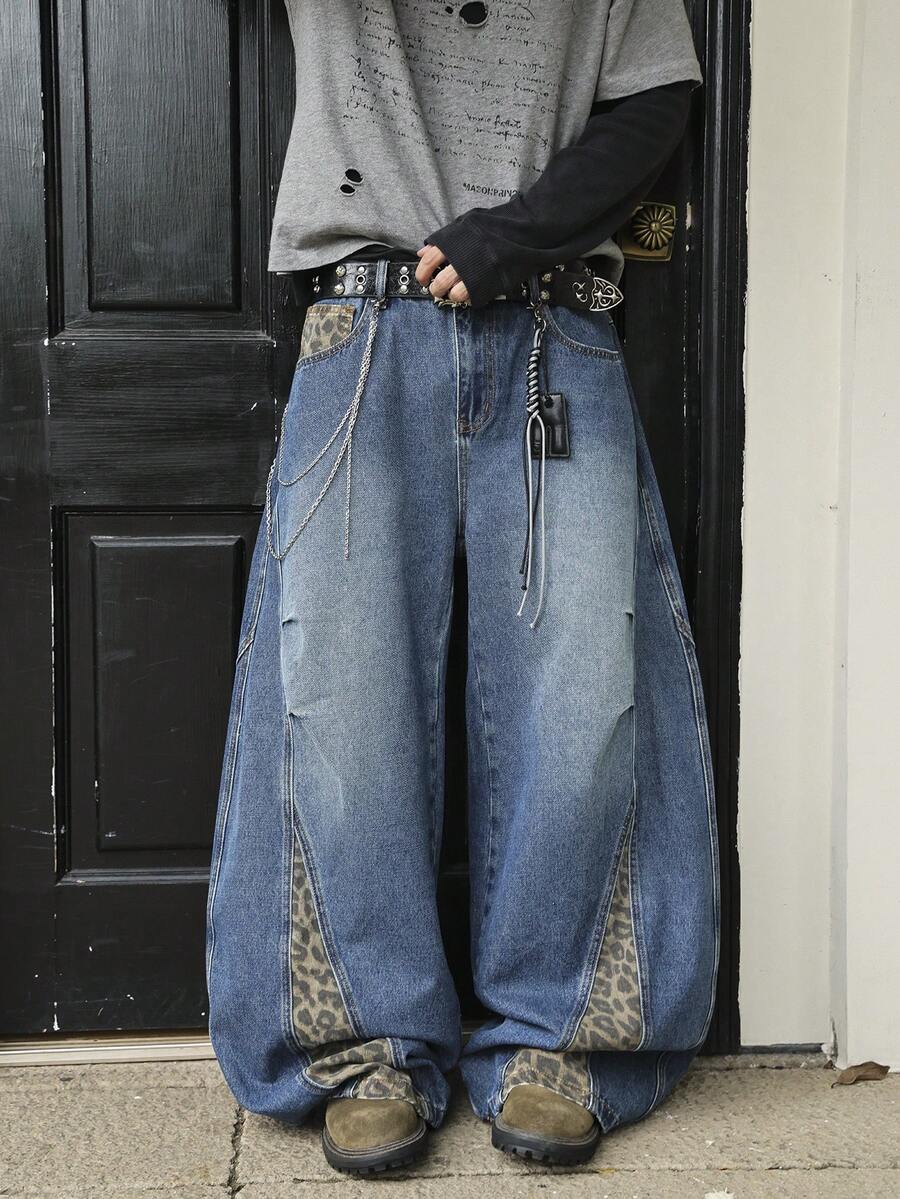 Men's Blue Leopard Print Patchwork Wide Leg Jeans, American Wild Street Style - Blue - View 1