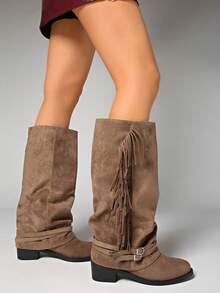 女士冬季过膝靴、百褶靴、女士宽筒马靴、个性流苏装饰西部风格靴、女士秋冬靴、黑色靴子、棕色靴子、套穿式高筒靴 - 卡其色 - 查看 4