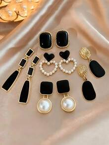 5pcs/Set Fashionable Casual French Elegant Asymmetrical Geometric Black Drip Glaze Heart & Faux Pearl Earrings, Chic Minimalist Design, High-End Earring Set Suitable For Women's Daily And Holiday Wear