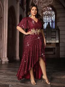 Glamorous Curve Women Sequins Formal Dress Appliques Evening Gown Plus Size Asymmetrical Hem Flounce Sleeve Party Prom Dresses